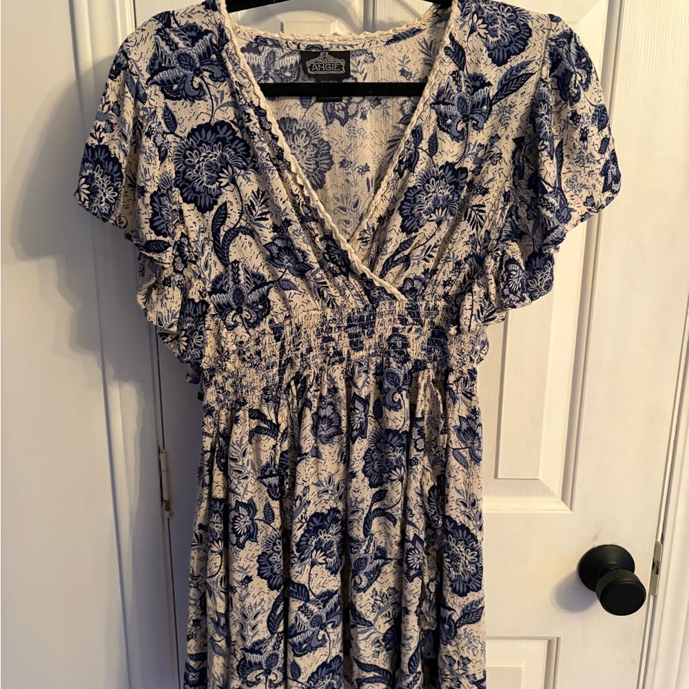 Angie Blue and White Flutter Sleeve Dress